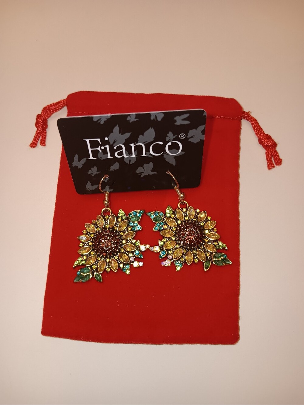 Gold Sunflower Rhinestone Drop Earrings - Green & Yellow From Fianco 2" drop